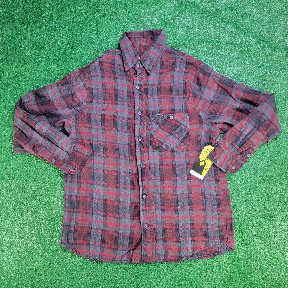 Stanley Long Sleeved Plaid Flannel Button Up Shirt Mens Sz Medium Burgundy Black